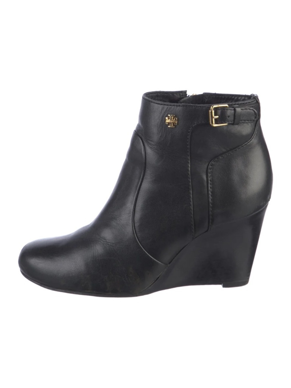 Tory Burch Black Leather Wedge Ankle Boot with Gold Accent